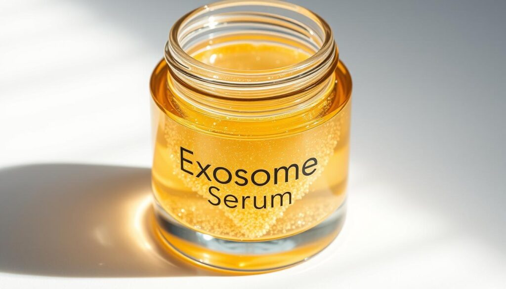A close-up shot of a glass jar filled with a luminous, golden-hued serum. The jar's label prominently displays the text "Exosome Serum" in a sleek, modern font. The serum itself appears to have a rich, creamy texture, with tiny particles shimmering within it, hinting at its rejuvenating properties. The jar is placed on a clean, white background, allowing the serum to take center stage. Soft, directional lighting from the left casts subtle shadows, accentuating the product's luxurious appearance. The overall mood is one of purity, efficacy, and the promise of radiant, blemish-free skin.
