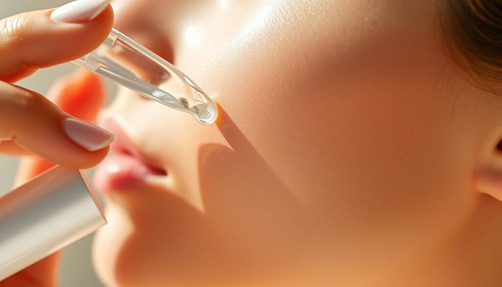 A close-up shot of a hand applying a moisturizing serum infused with exosomes, a type of extracellular vesicle, onto smooth, radiant skin. The serum has a shimmering, pearlescent quality, reflecting the light and creating a luminous glow. The skin appears youthful, supple, and even-toned, showcasing the rejuvenating effects of the exosome-based treatment. The background is softly blurred, allowing the focus to remain on the application process and the beautiful, glowing skin. Warm, natural lighting casts a gentle, flattering shadow, enhancing the overall aesthetic.