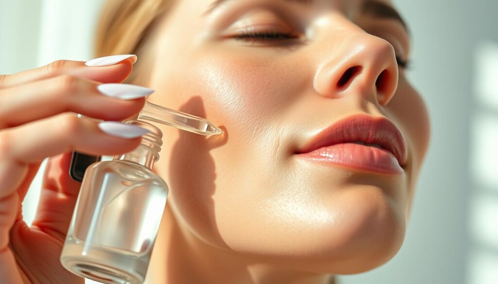 A close-up view of a hand delicately applying a rich, creamy exosome serum to glowing, youthful skin. The skin is radiant, with a healthy, dewy glow. The serum is dispensed from a sleek, minimalist glass bottle with a dropper applicator. Soft, natural lighting filters in, casting a warm, flattering glow on the scene. The background is blurred, with a sense of tranquility and relaxation. The overall atmosphere is one of self-care, indulgence, and the pursuit of a vibrant, rejuvenated complexion.