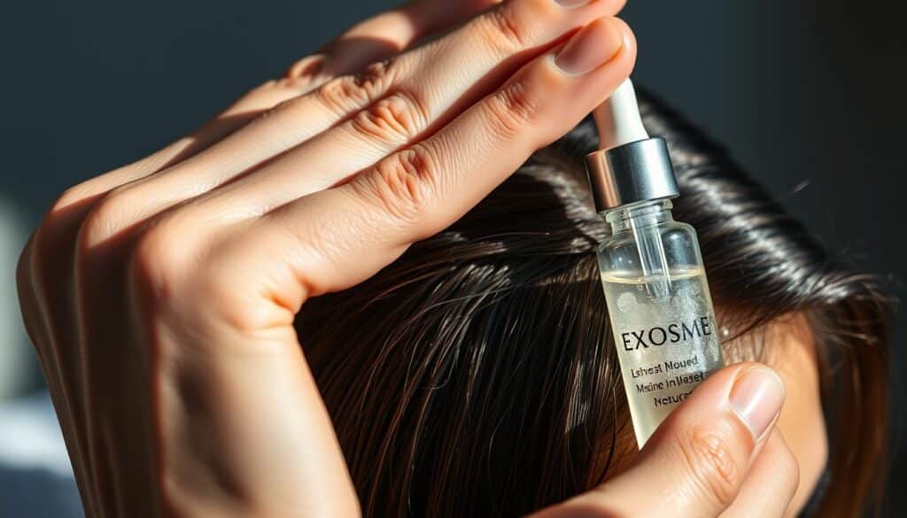 A close-up view of a hand gently massaging a scalp, revealing a serum bottle with exosome particles suspended in a clear liquid. The treatment is applied with slow, soothing motions, highlighting the scientific and therapeutic nature of the process. The scene is lit from the side, casting soft shadows and emphasizing the texture of the hair strands. The background is blurred, keeping the focus on the intimate interaction between the hand, scalp, and the exosome-infused serum. The overall mood is one of calm, professionalism, and the promise of hair rejuvenation.
