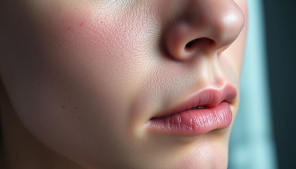A close-up view of a person's face, their skin displaying signs of irritation and redness, with small bumps and blemishes visible. The background is blurred, with a slightly hazy, dreamlike quality, evoking a sense of concern and unease. The lighting is soft and diffused, creating an introspective, pensive atmosphere. The focus is on the skin's texture, with details of pores, flakiness, and inflammation clearly depicted, suggesting the potential side effects of an exosome serum. The image aims to convey the challenges and discomfort that can arise from using such a product, serving as a cautionary visual for the article's section on potential side effects.