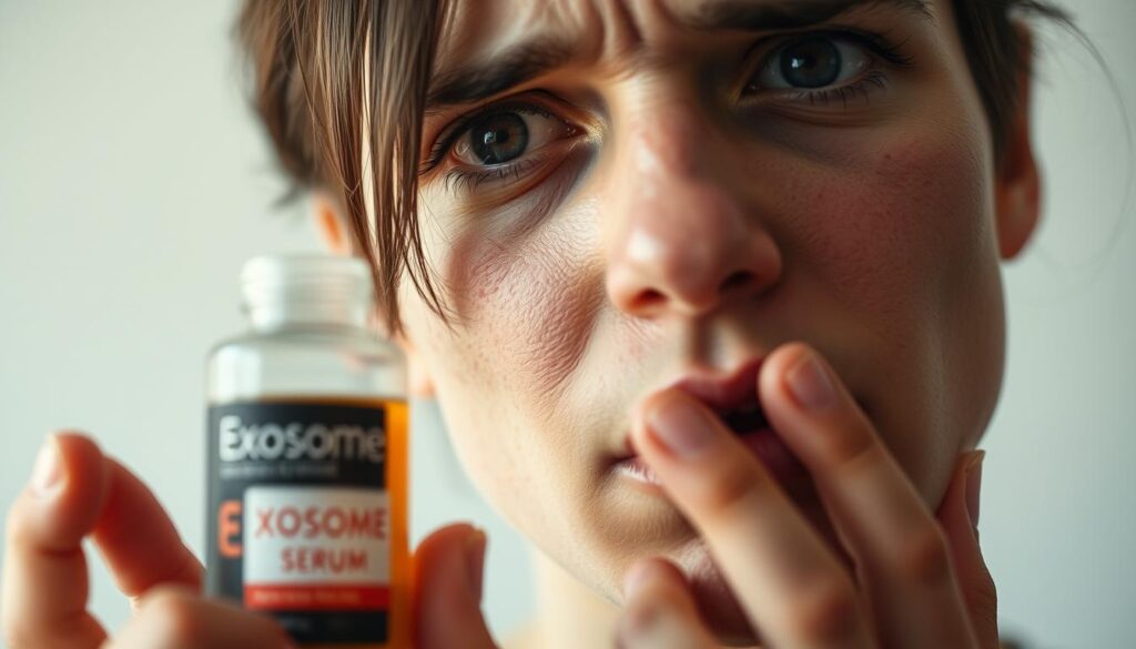A close-up view of a person's face, with a concerned expression, examining their skin. In the background, a blurred image of a jar or bottle of exosome serum. The lighting is soft and natural, creating a sense of vulnerability and introspection. The person's skin appears slightly irritated or reddened, hinting at potential side effects from the use of the exosome serum. The composition emphasizes the person's facial features, drawing the viewer's attention to their expression and the potential issues they may be experiencing.