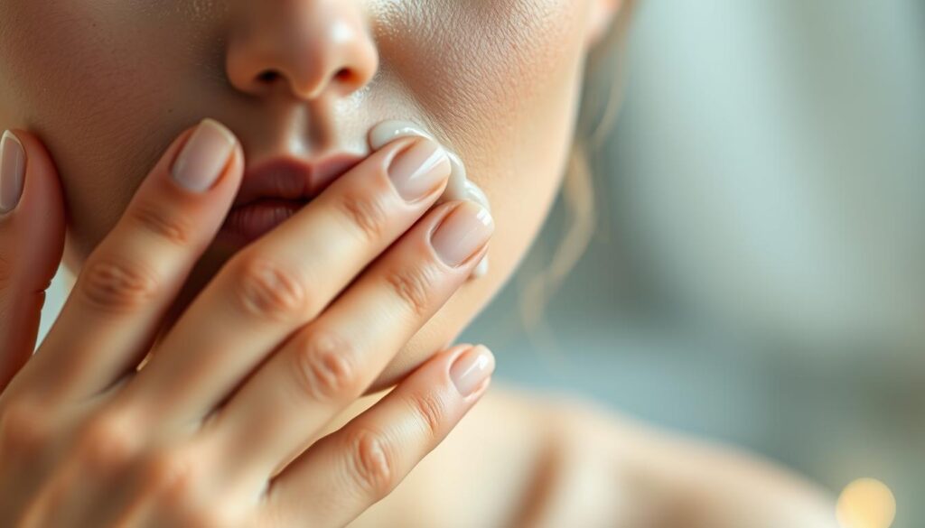 A close-up view of a woman's hand gently applying a rich, creamy exosome-infused serum onto her face. The serum has a soft, pearlescent sheen and appears to be absorbing seamlessly into the skin. The lighting is soft and diffused, creating a warm, inviting atmosphere. The background is blurred, allowing the focus to remain on the application technique - the user's fingertips lightly massaging the serum in circular motions, ensuring even coverage. The scene conveys a sense of relaxation and self-care, inviting the viewer to imagine the rejuvenating benefits of regular exosome serum use.