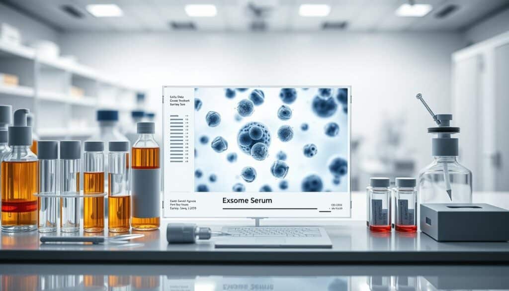 A detailed, scientific exosome serum test result displayed on a sleek, modern laboratory desk. The foreground showcases an array of test tubes, pipettes, and laboratory equipment arranged with precision. The middle ground features a high-resolution microscope image of exosomes, their intricate structures visible under magnification. The background depicts a softly blurred, clean and sterile laboratory setting, with bright, even lighting illuminating the scene. The overall mood is one of clinical professionalism and technological advancement, evoking a sense of scientific rigor and the promise of skin rejuvenation through exosome-based skincare.