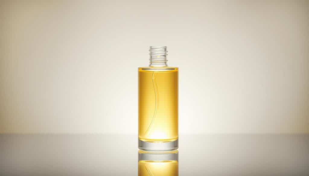A glass bottle filled with a luminous, golden-hued serum sits atop a reflective surface, casting a soft, diffused glow. The bottle's sleek, minimalist design is accentuated by crisp, clean lighting, drawing the eye to the captivating, viscous liquid within. The background is a soft, muted gradient, allowing the exosome serum to be the focal point, conveying a sense of purity, refinement, and the promise of radiant, youthful skin. The overall scene exudes a serene, high-end aesthetic, inviting the viewer to imagine the transformative power of this luxurious skincare product.