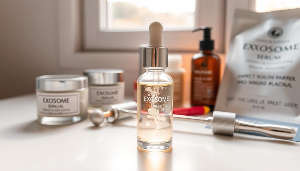 A glass dropper bottle filled with a luminous exosome serum, gently resting on a smooth, white surface. The serum has a radiant, pearlescent quality, subtly reflecting the warm, natural light from a window in the background. Surrounding the bottle, an array of various skincare products, including a jar of moisturizer, a face roller, and a sheet mask, all arranged in a harmonious, balanced composition. The overall scene conveys a sense of wellness, beauty, and the complementary nature of using exosome serum in conjunction with other targeted skincare treatments.