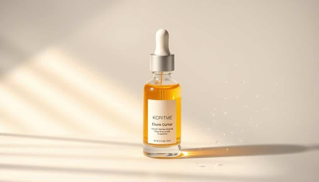 A gleaming glass dropper bottle filled with a luminescent, golden-hued serum sits atop a crisp white background, casting soft shadows. The bottle's sleek design and minimalist labeling exude an air of scientific sophistication. Rays of warm, diffused light bathe the composition, highlighting the bottle's transparent qualities and the serum's alluring, youthful glow. Surrounding the central focus, a delicate scattering of microscopic exosome particles float in a weightless, ethereal dance, suggesting the product's powerful anti-aging properties derived from these natural cellular components.