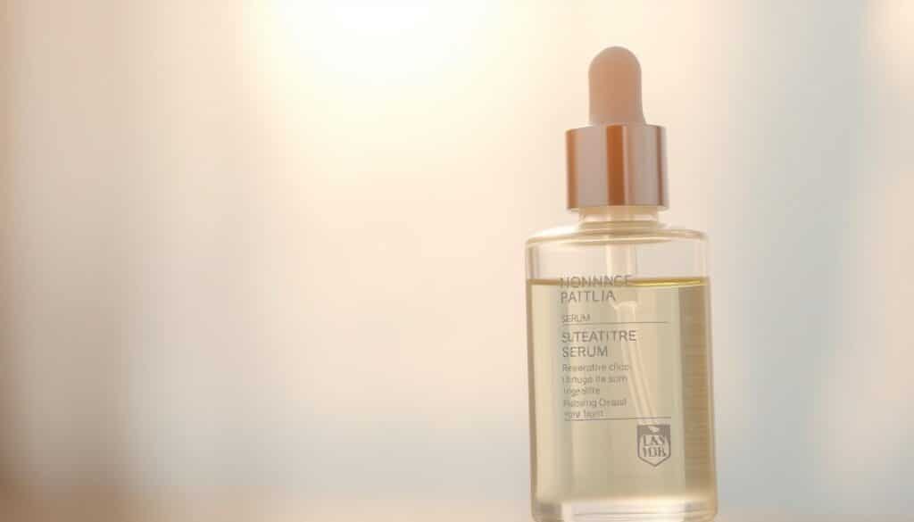 A high-quality serum bottle prominently displayed in the foreground, filled with a glowing, translucent liquid against a soft, blurred background. The bottle has a sleek, minimalist design, with clean lines and a subtle sheen. The lighting is soft and diffused, creating a warm, rejuvenating atmosphere. The scene is captured from a slightly low angle, emphasizing the serum's restorative properties and the overall sense of youthful, radiant skin. The background is out of focus, but hints at a serene, nature-inspired setting, suggesting the natural, gentle ingredients within the serum.