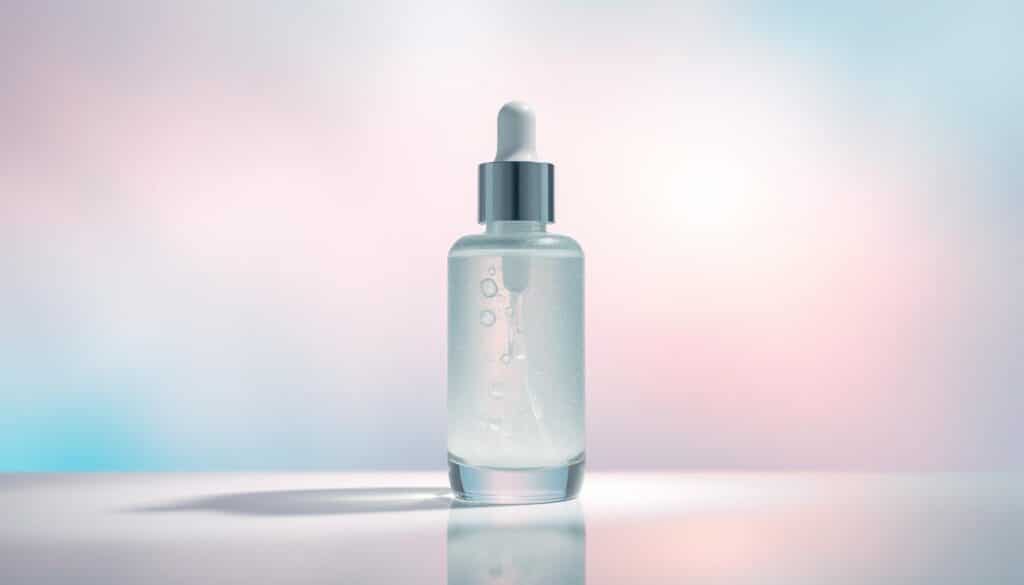 A luminous glass bottle filled with a shimmering exosome serum sits atop a sleek white surface, casting a soft, diffused glow. The serum appears dense and creamy, reflecting the light in a captivating way. In the background, a hazy, ethereal backdrop of soft pastel gradients creates a sense of tranquility and rejuvenation. Delicate shadows and highlights accentuate the bottle's elegant form, while the overall composition evokes a feeling of luxurious skincare and the promise of a youthful, radiant complexion.