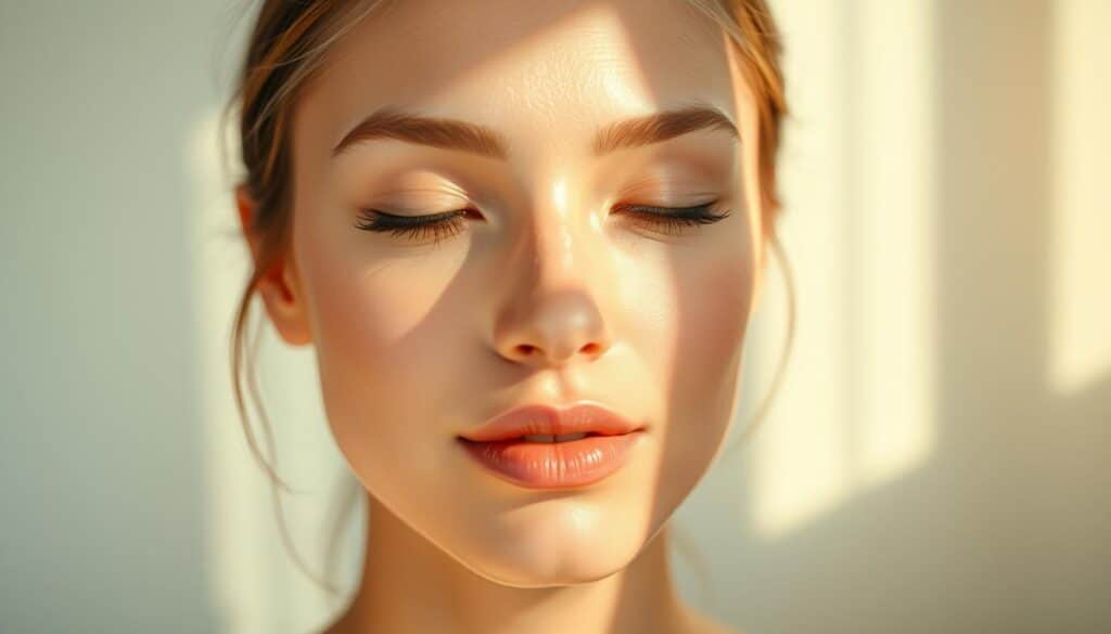A serene and glowing complexion, illuminated by the gentle radiance of an exosome serum. A luminous, youthful face emerges from a softly diffused background, the skin's texture smoothed and refined. Delicate wisps of light caress the features, highlighting the natural contours and imparting a healthy, vibrant glow. The scene exudes a sense of tranquility and rejuvenation, inviting the viewer to experience the transformative power of this skin-nourishing elixir. Soft, diffused lighting casts a warm, enveloping atmosphere, perfectly capturing the benefits of incorporating exosome serum into one's skincare routine.