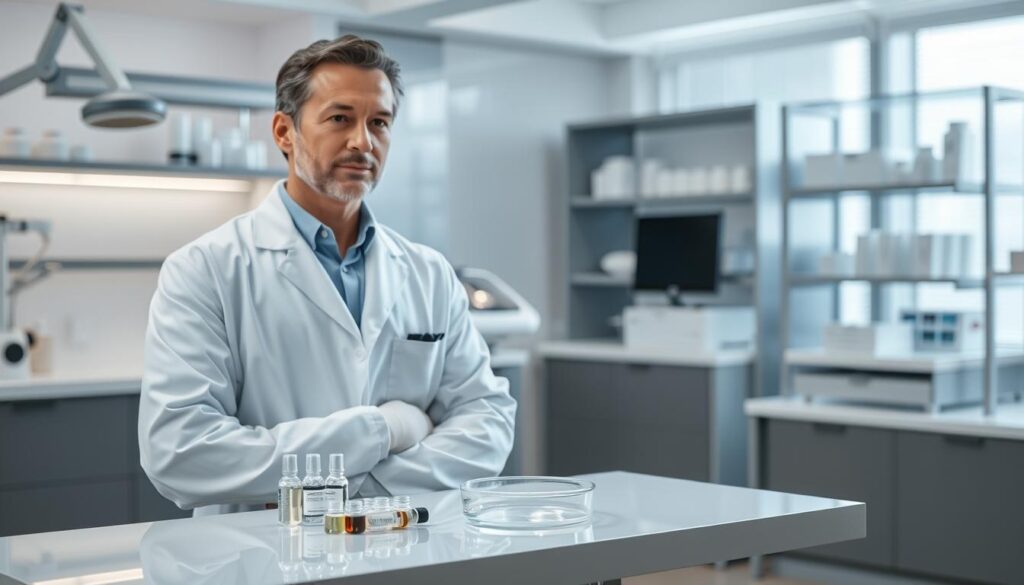 A serene and well-lit laboratory setting, with a scientist in a white lab coat standing next to a table holding a petri dish filled with a transparent liquid and a few small vials. The scientist has a thoughtful expression, suggesting the careful study and evaluation of the exosome serum. The background features sleek medical equipment and shelves of neatly organized supplies, conveying a sense of professionalism and attention to detail. Soft, directional lighting illuminates the scene, casting subtle shadows and highlighting the key elements. The overall mood is one of scientific inquiry and a commitment to understanding the safety and potential side effects of the exosome anti-aging treatment.