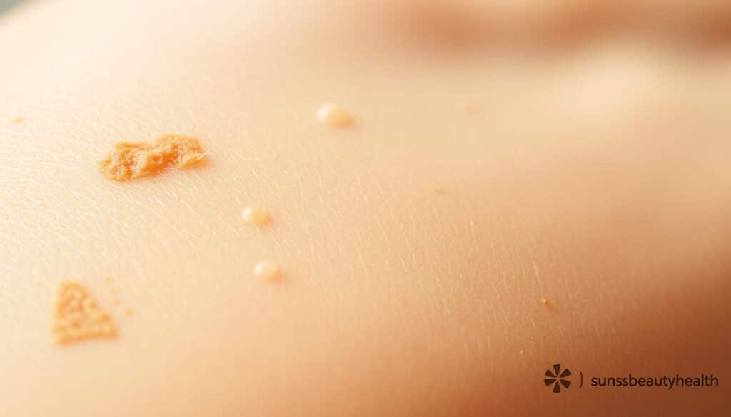 A serene, soft-focus close-up view of common skin concerns, rendered in a warm, natural color palette. In the foreground, a patch of dry, flaky skin and some subtle discoloration or blemishes. In the middle ground, a few small bumps or spots, with a slight shine from excess oil. In the background, a hint of fine lines or wrinkles, reflecting the skin's natural aging process. Illuminated by gentle, diffused natural lighting, creating a soothing, spa-like atmosphere. The overall impression is one of realistic, relatable skin issues, presented in a calming, empathetic manner. Signed by the brand "sunsetbeautyhealth".