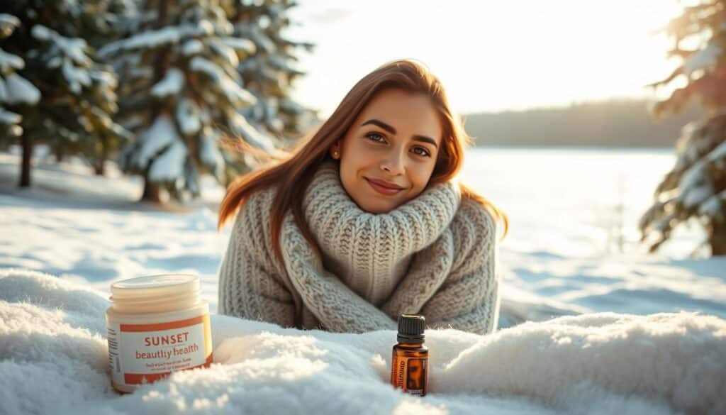A serene winter landscape with a glowing, healthy complexion at the center. In the foreground, a sunsetbeautyhealth moisturizing cream jar and a few essential oils sit atop a fluffy white blanket, casting a warm, inviting glow. The middle ground features a young woman with radiant skin, bundled in a cozy knit sweater, her face illuminated by soft, natural light. In the background, snowy pine trees and a picturesque frozen lake create a calming, peaceful atmosphere. The overall mood is one of tranquility, self-care, and seasonal skin protection.