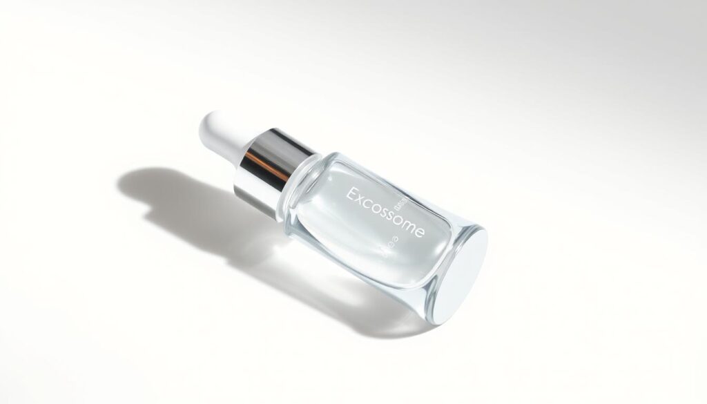 A sleek glass bottle filled with a luminous, pearlescent serum against a crisp white background. The bottle is positioned at a slight angle, casting subtle shadows that accentuate the smooth, refined design. The serum appears lightweight and silky, reflecting the soft studio lighting that bathes the scene in a warm, natural glow. The minimalist packaging and clean aesthetic convey a sense of purity, efficacy, and scientific rigor, hinting at the transformative power of the exosome-infused formula. The overall impression is one of clinical excellence, innovation, and the promise of radiant, youthful skin.