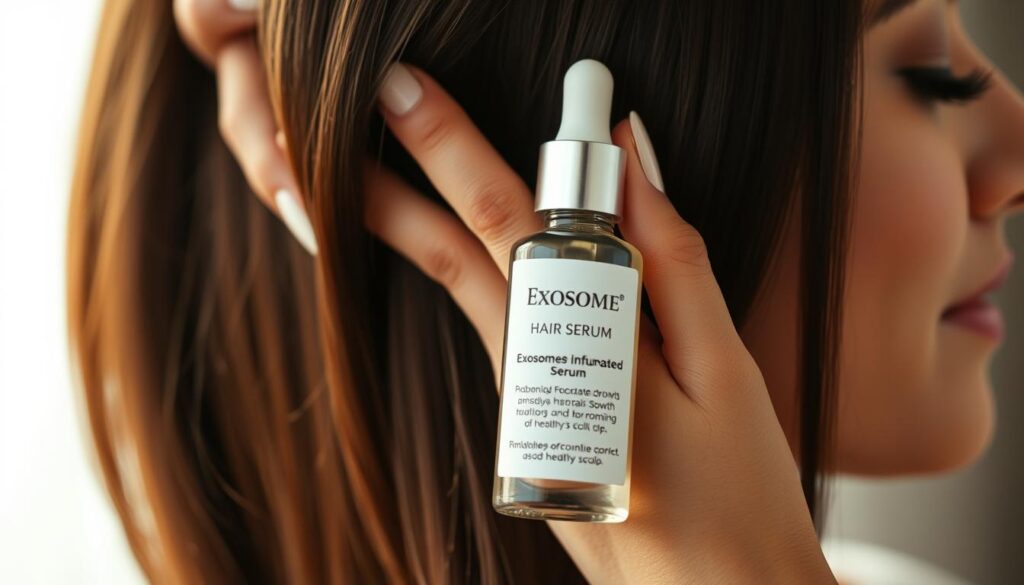 Closeup of a woman's hand gently massaging exosome-infused hair serum into the scalp, against a blurred background of healthy, shiny hair strands. Soft, warm lighting illuminates the scene, creating a soothing, rejuvenating atmosphere. The serum bottle is prominently displayed, its label highlighting the key benefits of exosomes for stimulating hair growth and promoting a healthy scalp. The woman's expression conveys a sense of relaxation and anticipation, reflecting the restorative power of the exosome treatment.