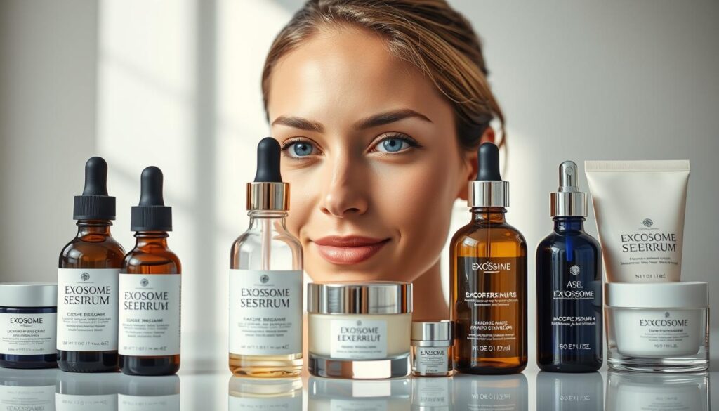 Detailed comparison of exosome serum products against other skin treatments. Foreground showcases three exosome serum bottles in different sizes, alongside complementary skin care products like creams and lotions. Middle ground depicts a woman's face, glowing with radiant, youthful skin. Background features a serene, minimalist setting with soft lighting to emphasize the skin's natural beauty. Angles and composition highlight the visual differences between the exosome serums and conventional skin care items. Conveys a sense of scientific evaluation and discerning product selection for optimal skin health and rejuvenation.