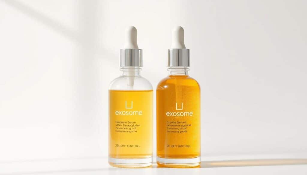 Two clear glass bottles, one filled with a pale yellow exosome serum, the other with a more vibrant, luminous golden serum. The bottles are placed side by side on a sleek, minimalist white background, illuminated by soft, diffused natural lighting that highlights the subtle differences in color and texture between the two serums. The composition is balanced and symmetrical, with the bottles centered and positioned to draw the viewer's attention to the transformation in the serum's appearance. The overall mood is one of simplicity, purity, and the promise of healthy, radiant skin.