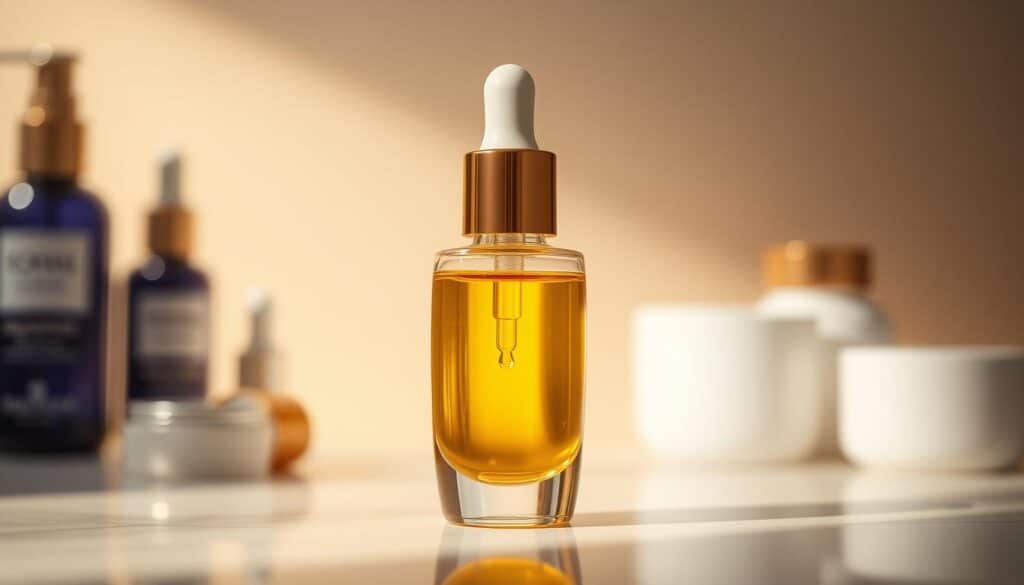 a high-quality, ultra-realistic close-up photograph of an exosome serum bottle filled with a radiant, glowing, golden-colored liquid, against a soft, blurred background with hints of skincare products and a clean, minimalist aesthetic. The lighting is warm and flattering, casting a gentle glow on the bottle and emphasizing the luxurious, high-end nature of the product. The angle is slightly angled to showcase the bottle's form and texture, and the depth of field is shallow to draw the viewer's attention to the main subject. The overall mood is one of sophistication, efficacy, and the promise of rejuvenated, youthful skin.